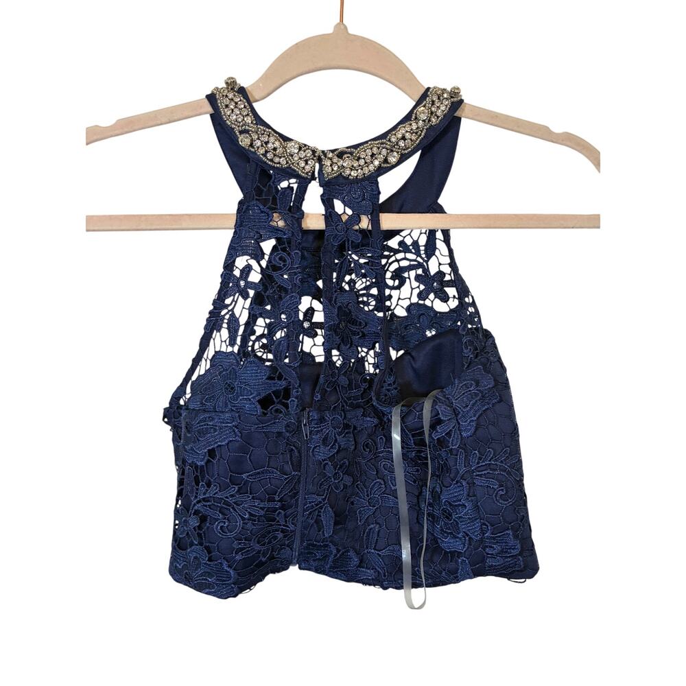 Women's My Michelle Lace Glitter 2 Piece Prom Dress Navy Halter Top Skirt Set - Picture 2 of 9